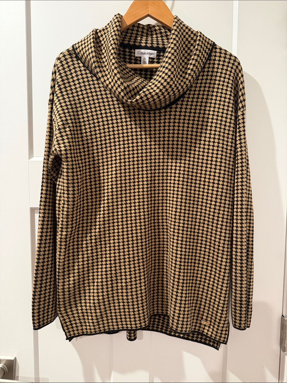 Calvin Klein Tan and Black Houndstooth Cowl Neck Sweater